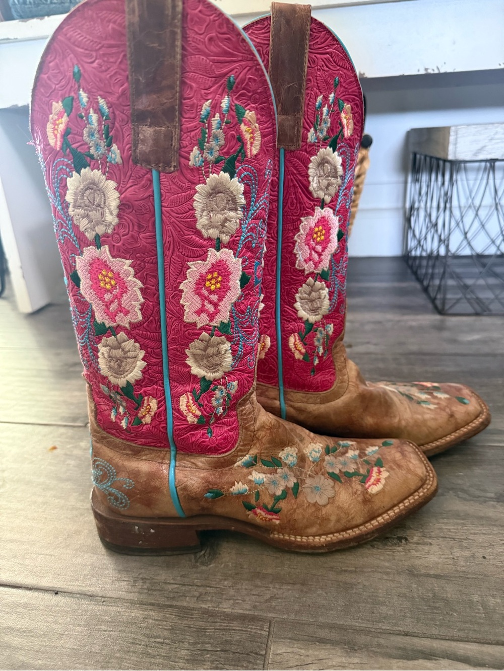 Macie Bean Brown and Pink Floral Embroidered Lace-Up Boots